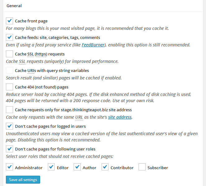 Paramètres avancés du cache total w3 - cache de page