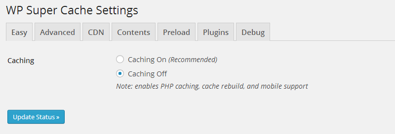 WP Super Cache avec mise en cache désactivée