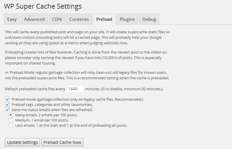 Onglet de préchargement WP Super Cache