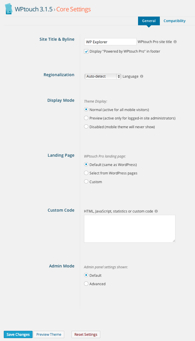Paramètres de base de WPtouch