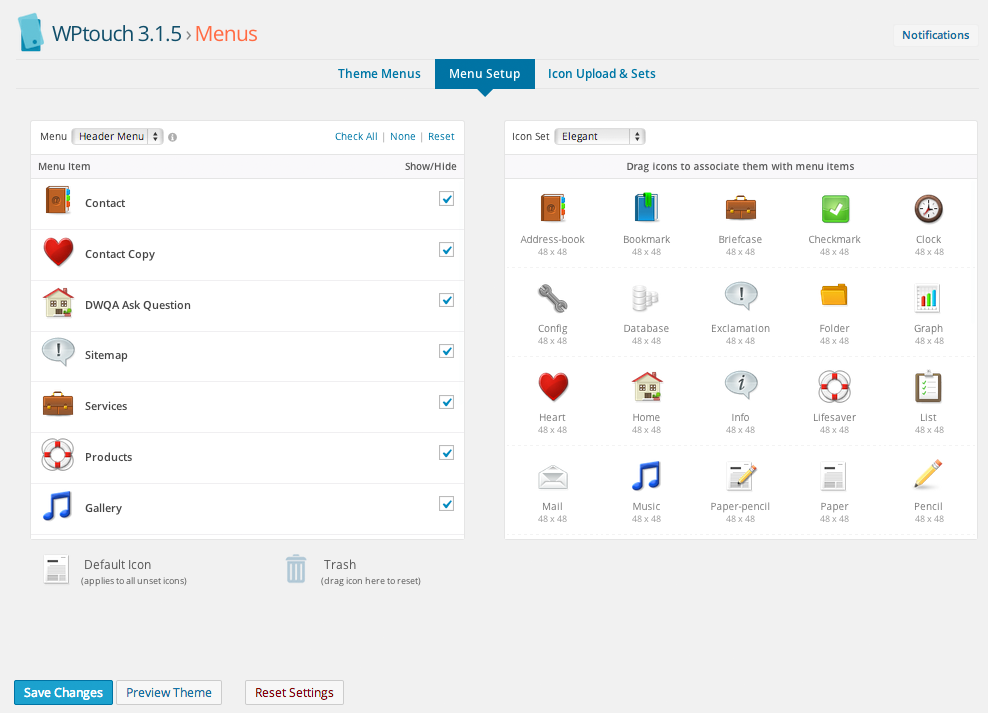 Configuration du menu WPtouch