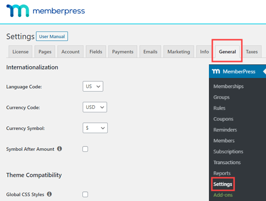 Paramètres - Général dans MemberPress - Themelocal Paramètres - Général dans MemberPress