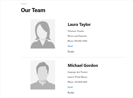 Démo de la page de la liste des membres du personnel dans WordPress - Themelocal Démo de la page de la liste des membres du personnel dans WordPress