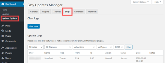L'onglet logs du plugin Easy Updates Manager - Themelocal L'onglet logs du plugin Easy Updates Manager
