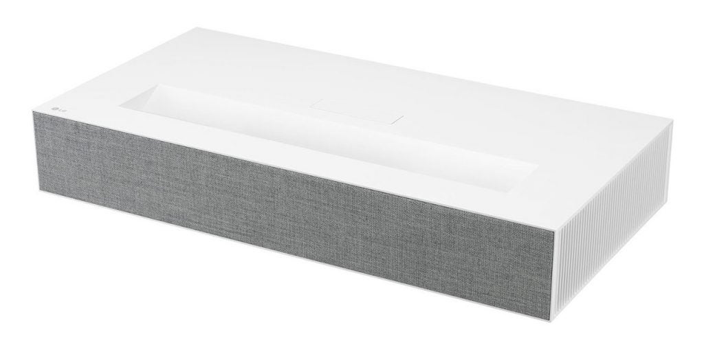 Un projecteur LG HU85LS blanc conservé sur fond blanc