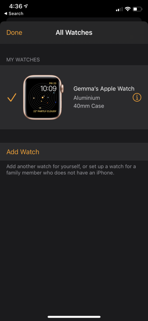 dissocier Apple Watch appuyez sur i