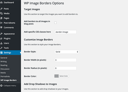 Page de paramètres du plugin WP Image Borders - Themelocal Page de paramètres pour le plugin WP Image Borders