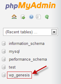 Sélectionnez la base de données dans phpMyAdmin 2