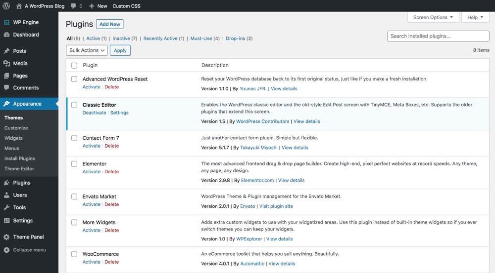Tableau de bord WordPress : Plugins WordPress