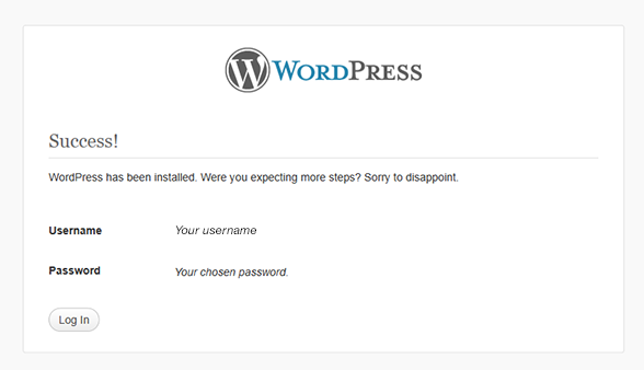 Réussite de l'installation de WordPress Réussite de l'installation de WordPress
