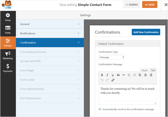Paramètres du message de confirmation WPForms - Themelocal Paramètres du message de confirmation WPForms