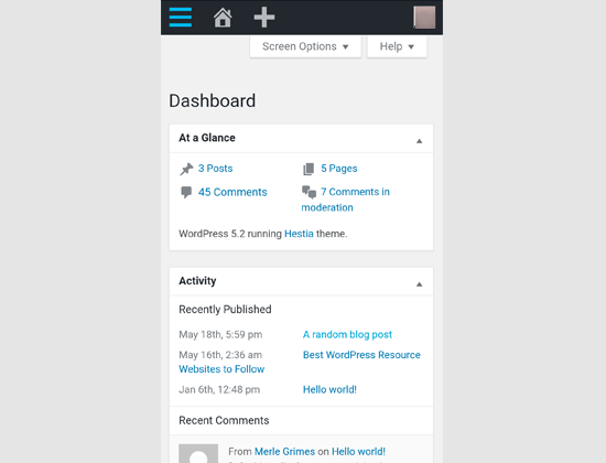Zone d'administration WordPress sur navigateur mobile - Themelocal Zone d'administration WordPress sur navigateur mobile