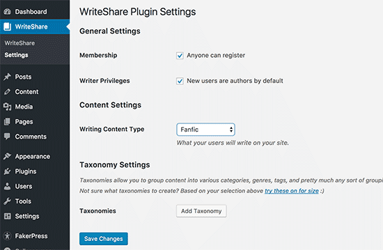 Page de paramètres WriteShare - Themelocal Page des paramètres WriteShare