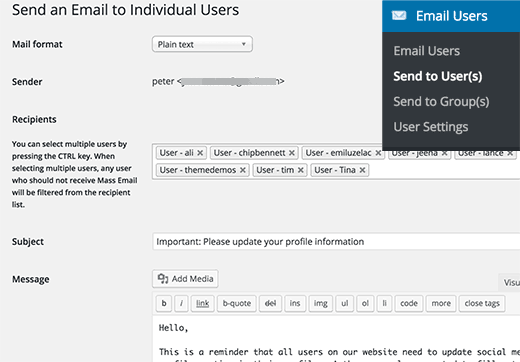 Envoi d'e-mails à des utilisateurs individuels ou à tous les utilisateurs de votre site - Themelocal Envoi d'e-mails à des utilisateurs individuels ou à tous les utilisateurs de votre site