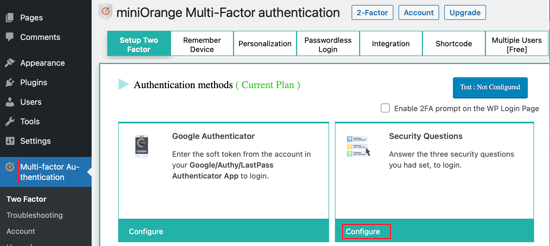 Cliquez sur le bouton Configurer sous la section Questions de sécurité
