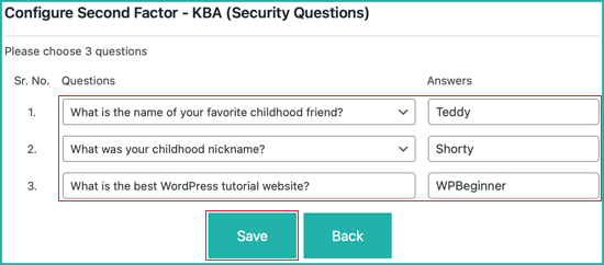Choisissez vos questions et réponses de sécurité