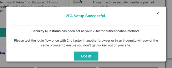 Message de réussite des questions de sécurité