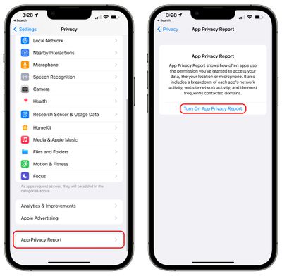 activer le rapport de confidentialité de l'application