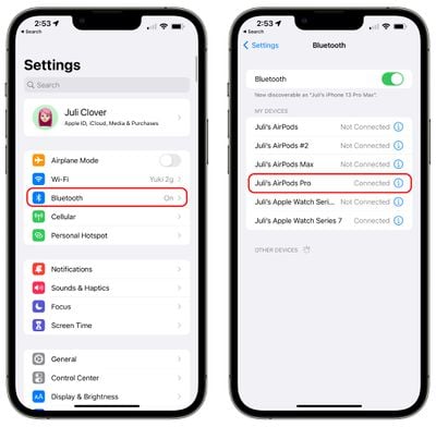 paramètres bluetooth des airpods