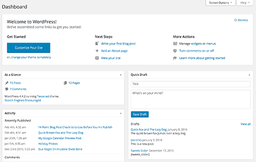 Panneaux de tableau de bord d'administration WordPress par défaut - Themelocal Panneaux de tableau de bord d'administration WordPress par défaut