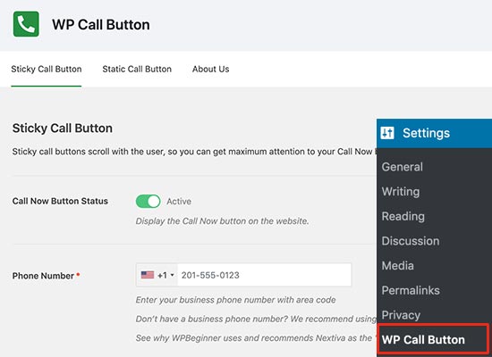 Paramètres du bouton d'appel WP - Themelocal Paramètres du bouton d'appel WP