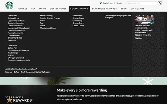 Site Web de Starbucks affichant un méga menu - Themelocal Site Web de Starbucks affichant un méga menu