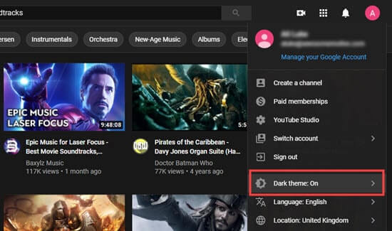 Affichage de YouTube avec l'option de thème sombre activée - Themelocal Affichage de YouTube avec l'option de thème sombre activée