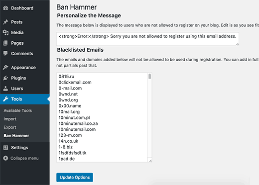 Page de paramètres pour le plugin Ban Hammer - Themelocal Page de paramètres pour le plugin Ban Hammer