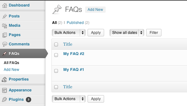 Panneau d'administration du plugin WordPress FAQ