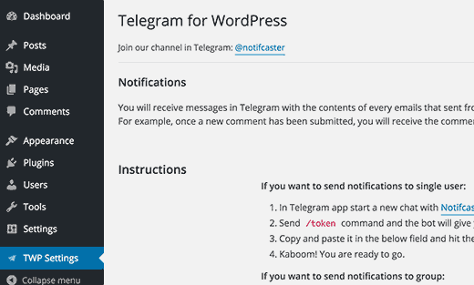 Telegram pour les paramètres WordPress - Themelocal Télégramme pour les paramètres WordPress