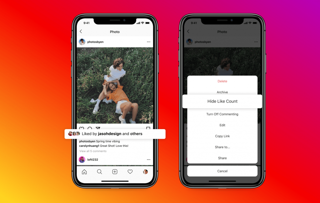 Deux iPhones affichant une section en surbrillance sous une image sur Instagram disant aimé par jasohdesign et d'autres, et une option en surbrillance pour se cacher comme count