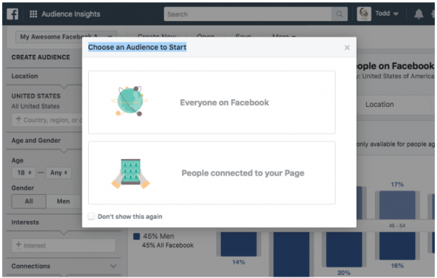 Options de choix d'une audience dans le tableau de bord Facebook Audience Insights
