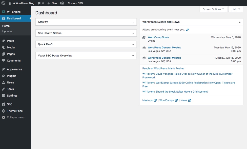 Tableau de bord WordPress : tableau de bord principal
