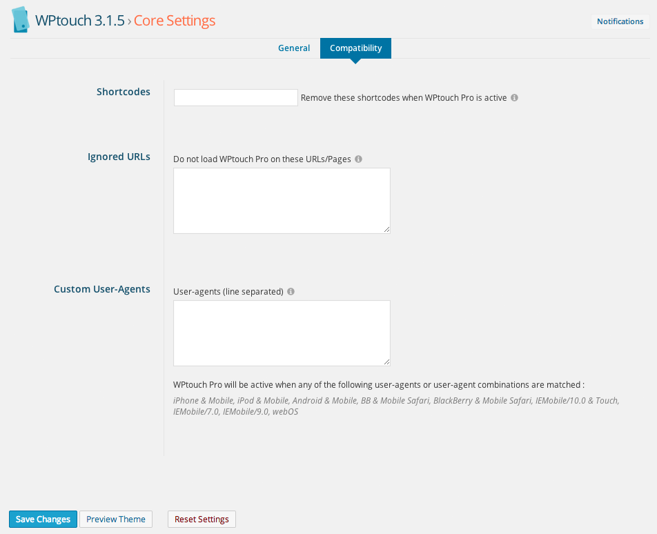 Compatibilité des paramètres de base de WPtouch
