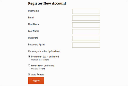 Page d'inscription avec vos niveaux d'abonnement Restrict Content Pro Page d'inscription avec vos niveaux d'abonnement Restrict Content Pro