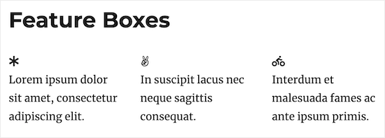 Boîtes de fonctionnalités de l'éditeur de blocs avec des icônes