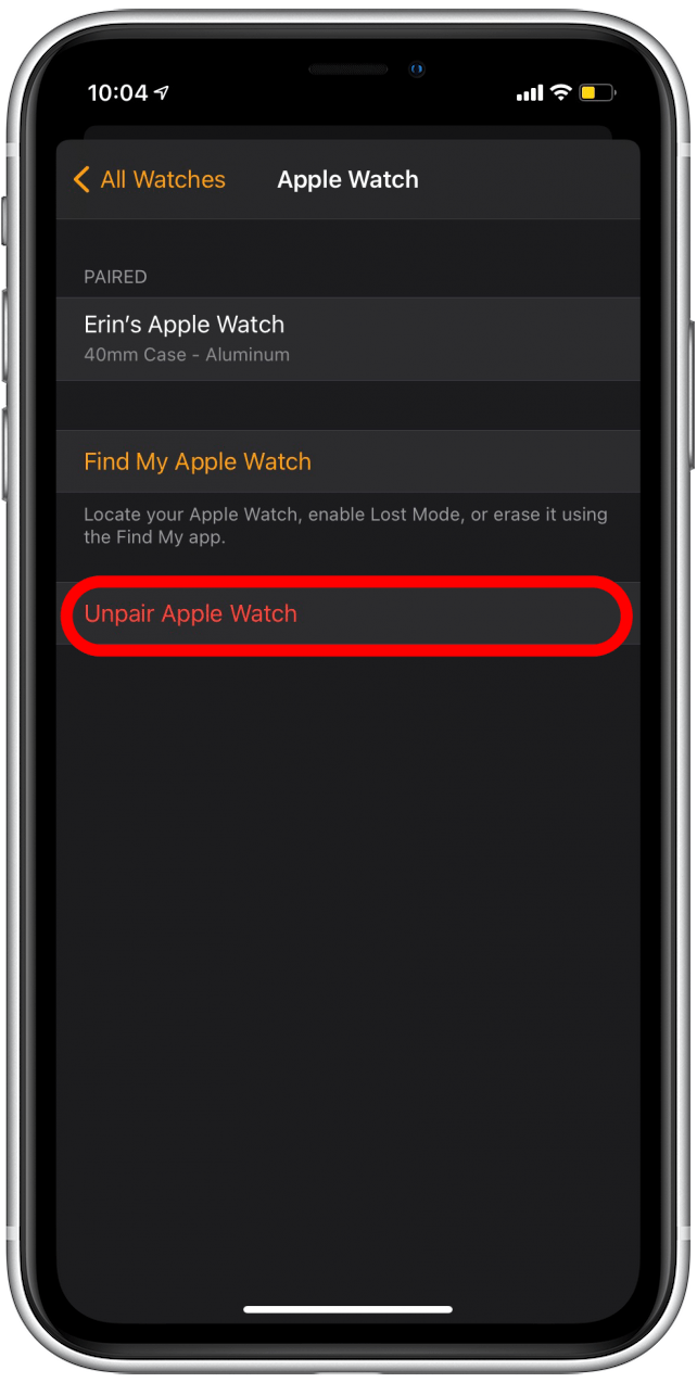 Appuyez sur Dissocier Apple Watch