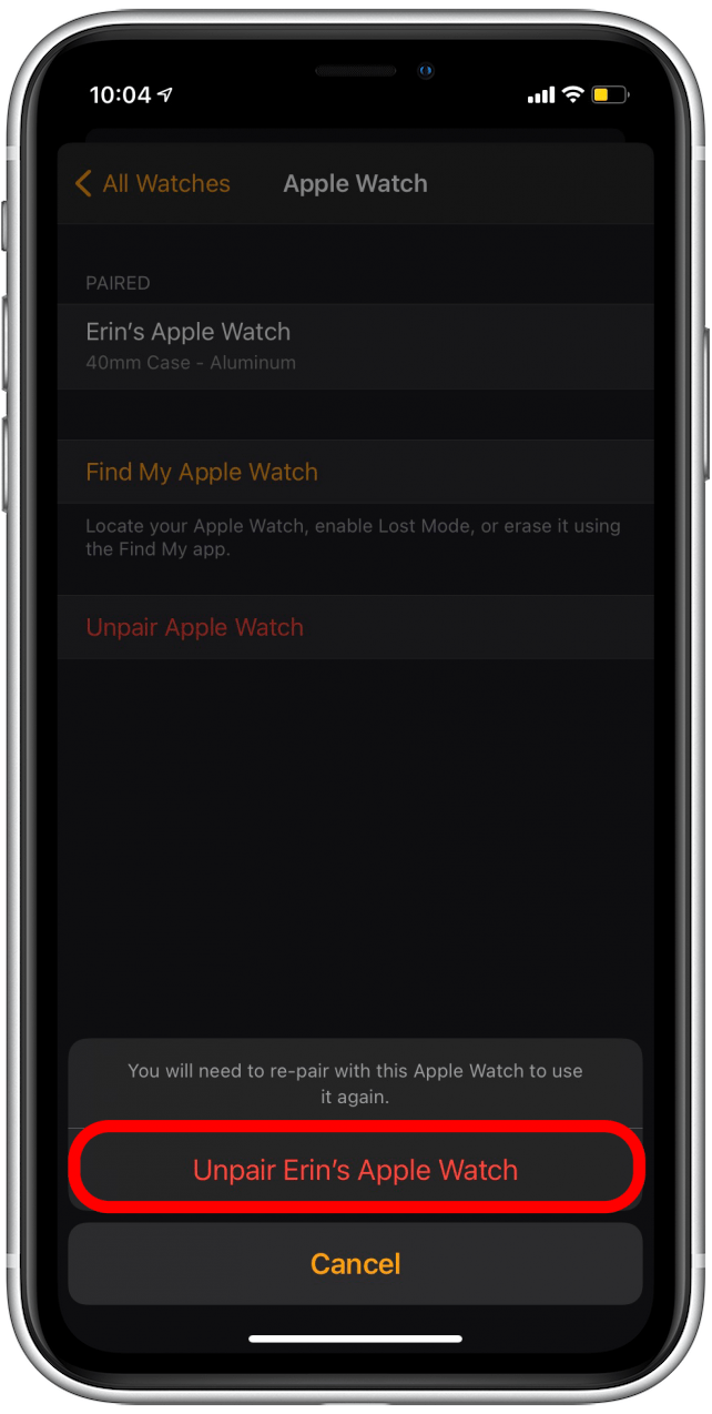 Confirmer la dissociation de l'Apple Watch