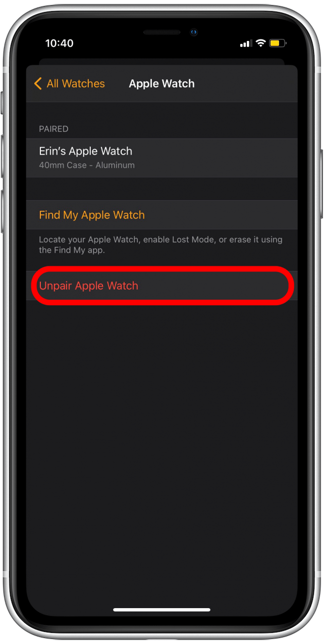 Sélectionnez Dissocier Apple Watch