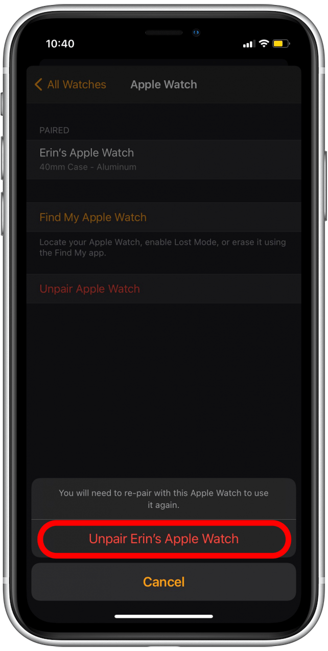 Confirmez que vous souhaitez dissocier votre Apple Watch