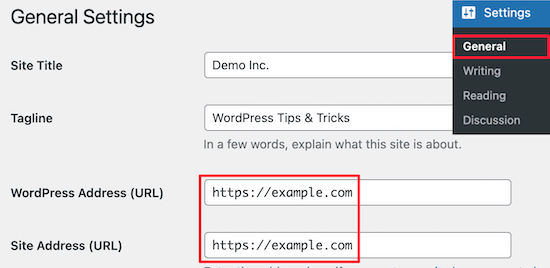 Accédez aux paramètres généraux et vérifiez les URL Accédez aux paramètres généraux et vérifiez les URL