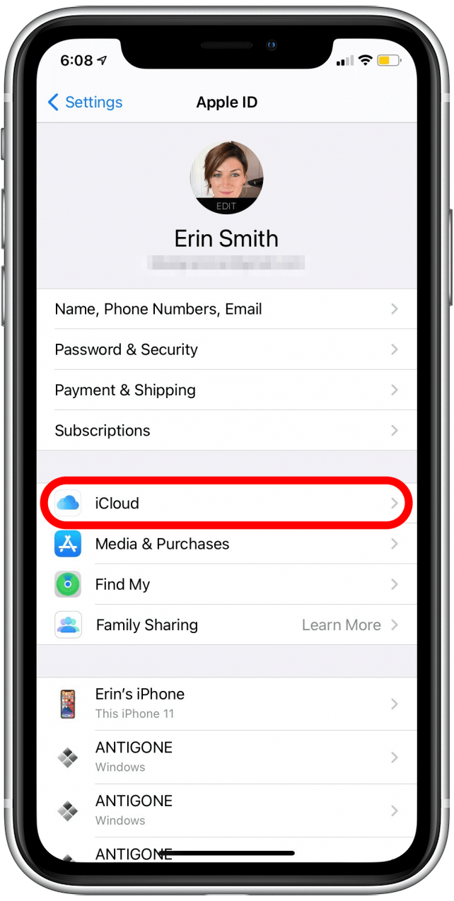 appuyez sur iCloud