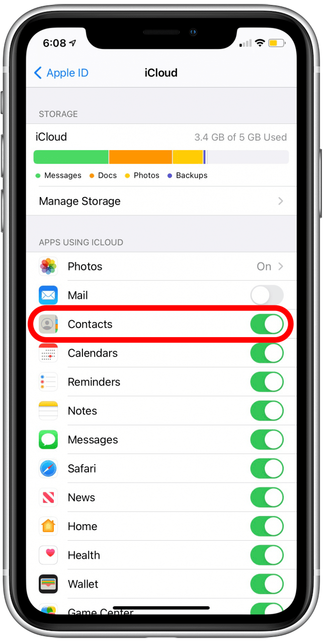 Vérifiez que la bascule Contacts est verte