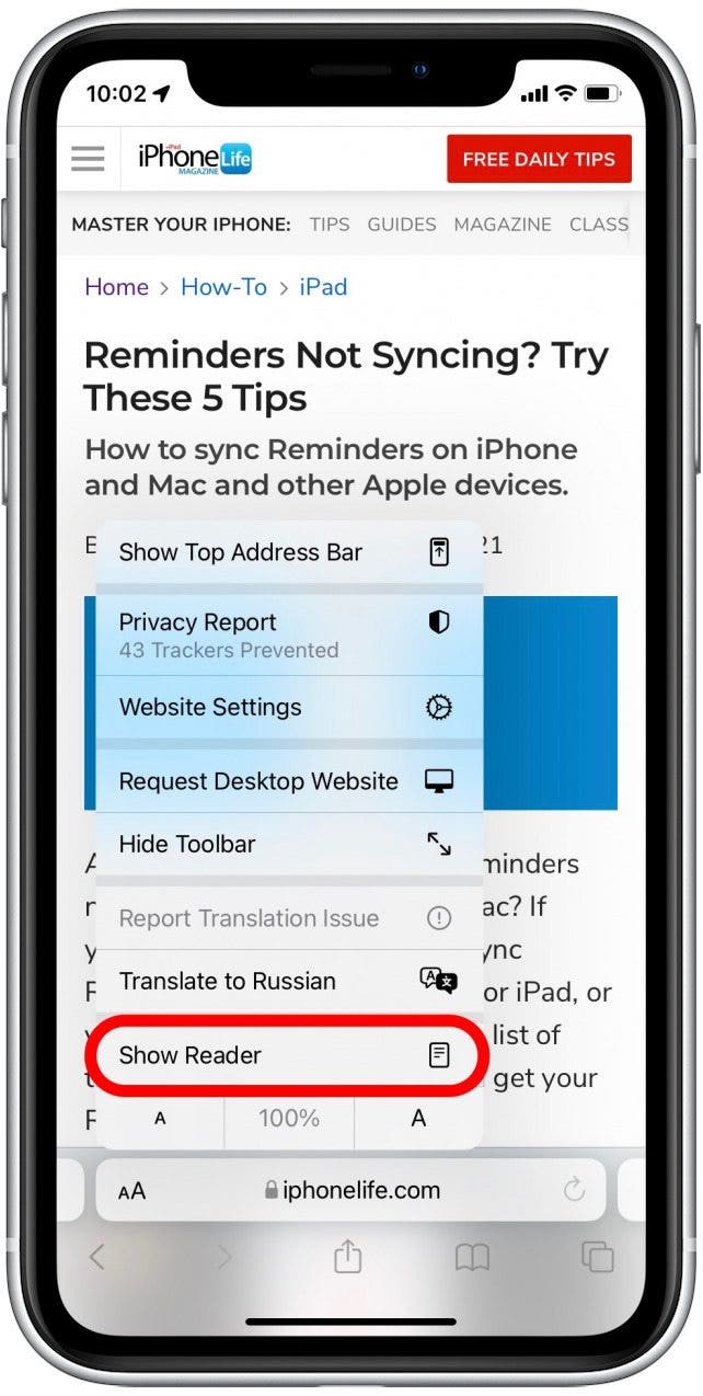 Appuyez sur Reader View - Impression Safari sans publicité