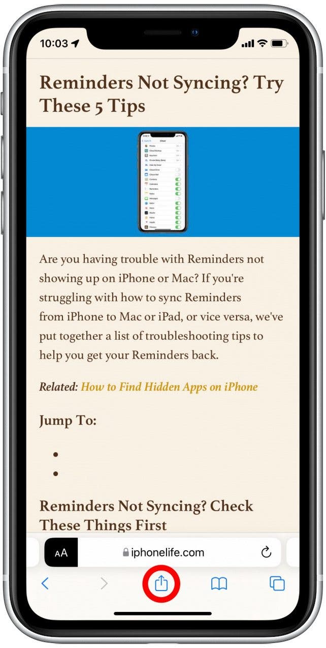 Appuyez sur l'icône Partager - Impression Safari sans publicité