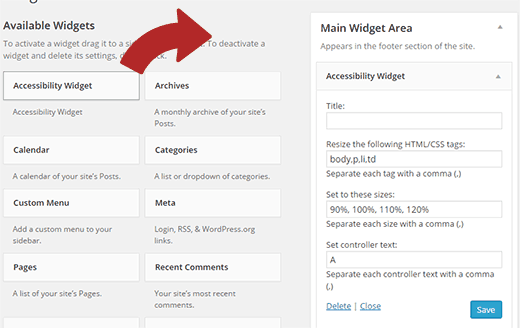 Paramètres du widget d'accessibilité Paramètres du widget d'accessibilité