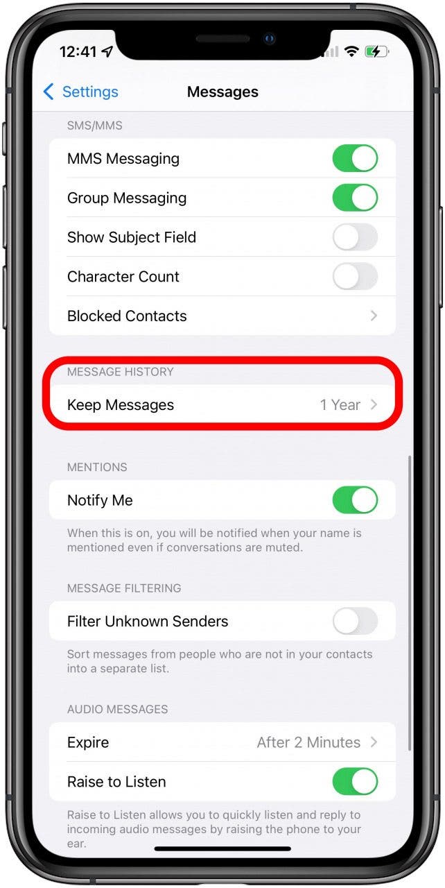 Appuyez sur Conserver les messages - historique des textes iphone