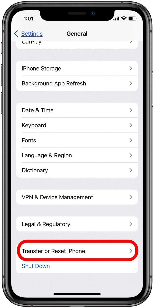 appuyez sur transférer ou réinitialiser l'iphone