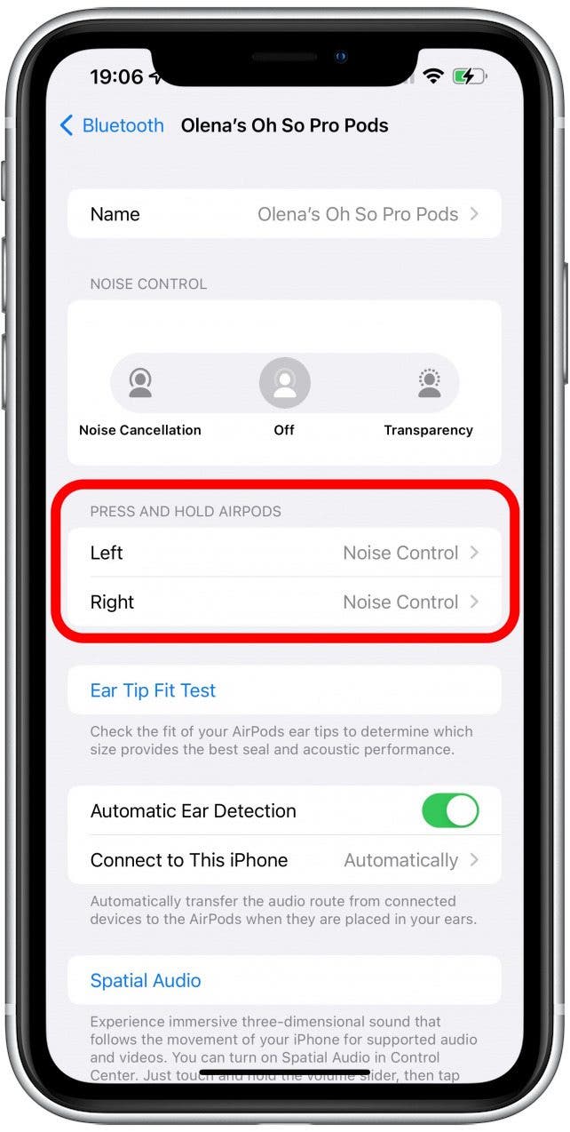 Sous PRESS AND HOLD AIRPODS, assurez-vous que la gauche et la droite indiquent Contrôle du bruit - les écouteurs Apple ne sonnent que d'un côté