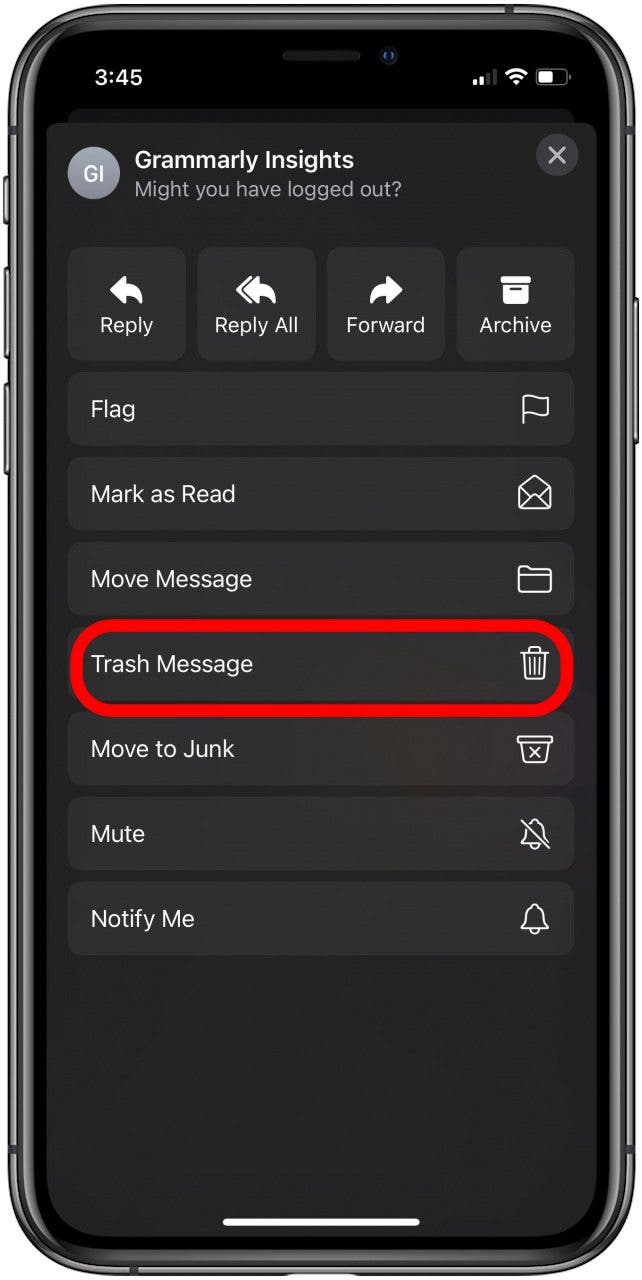 appuyez sur le message de la corbeille